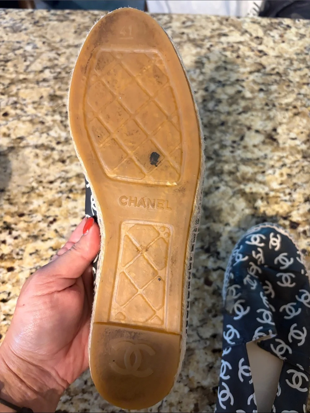 CHANEL Navy Leather CC Logo Espadrilles with White Print